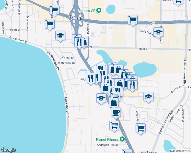 map of restaurants, bars, coffee shops, grocery stores, and more near 2345 South Highway 27 in Clermont