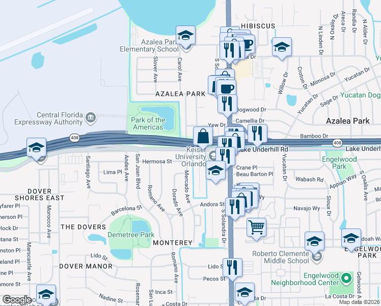 map of restaurants, bars, coffee shops, grocery stores, and more near 5520 Lake Underhill Road in Orlando