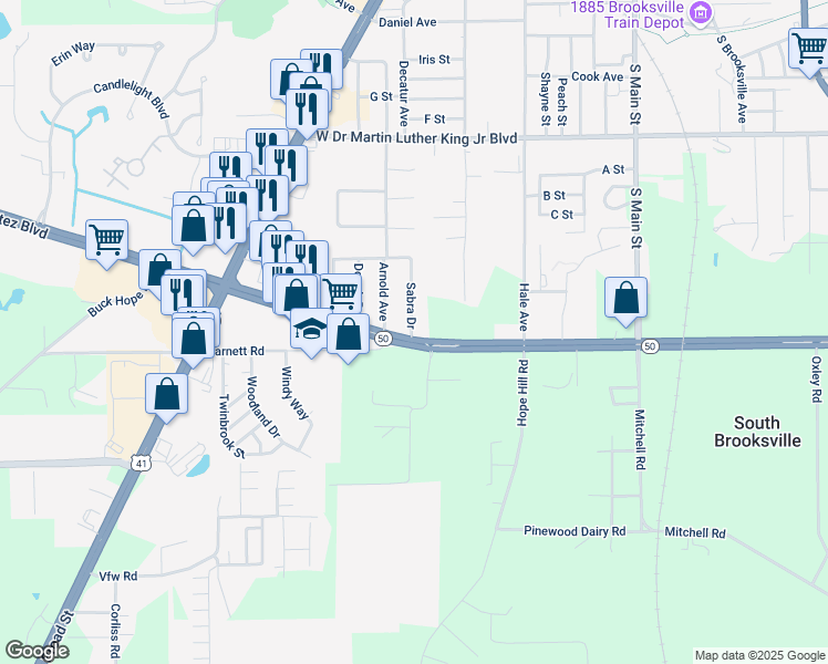 map of restaurants, bars, coffee shops, grocery stores, and more near 1543 Sabra Drive in Brooksville