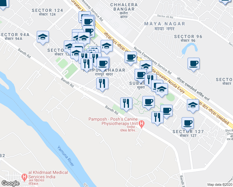 map of restaurants, bars, coffee shops, grocery stores, and more near Unnamed Road in Noida