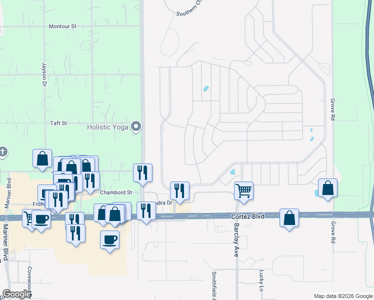 map of restaurants, bars, coffee shops, grocery stores, and more near 7676 Moriah Avenue in Brooksville