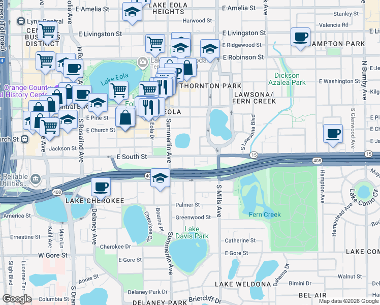 map of restaurants, bars, coffee shops, grocery stores, and more near 310 Thornton Lane in Orlando