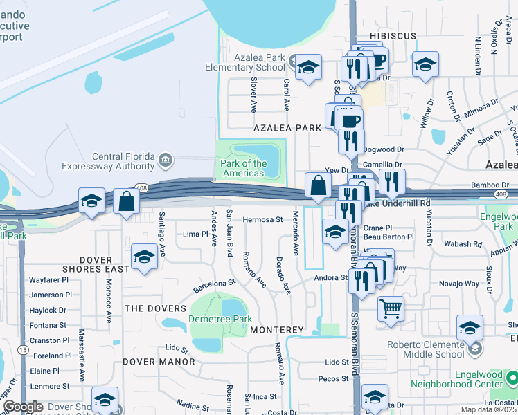map of restaurants, bars, coffee shops, grocery stores, and more near 5358 County Road 526 in Orlando
