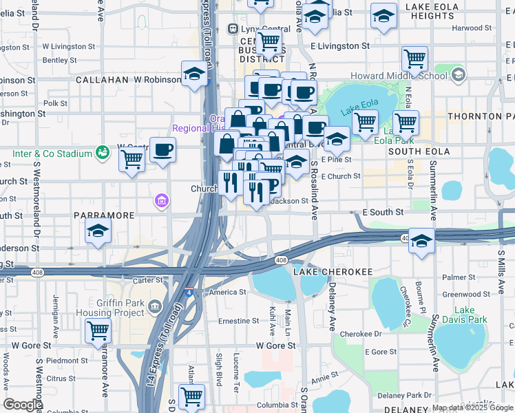 map of restaurants, bars, coffee shops, grocery stores, and more near 300 South Orange Avenue in Orlando