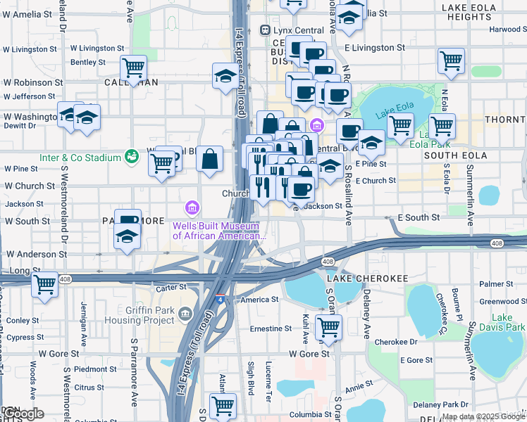 map of restaurants, bars, coffee shops, grocery stores, and more near 323 South Garland Avenue in Orlando