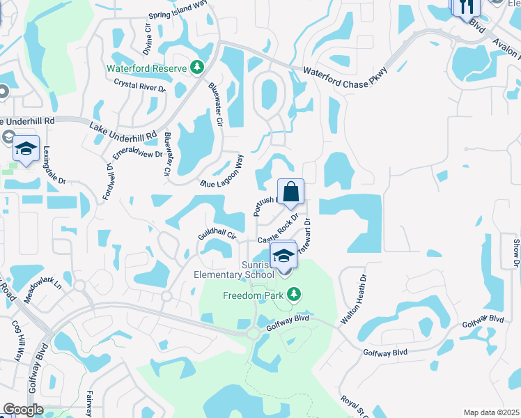 map of restaurants, bars, coffee shops, grocery stores, and more near 14102 Portrush Drive in Orlando