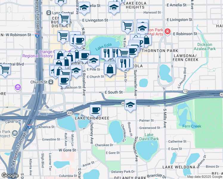 map of restaurants, bars, coffee shops, grocery stores, and more near 415 East South Street in Orlando
