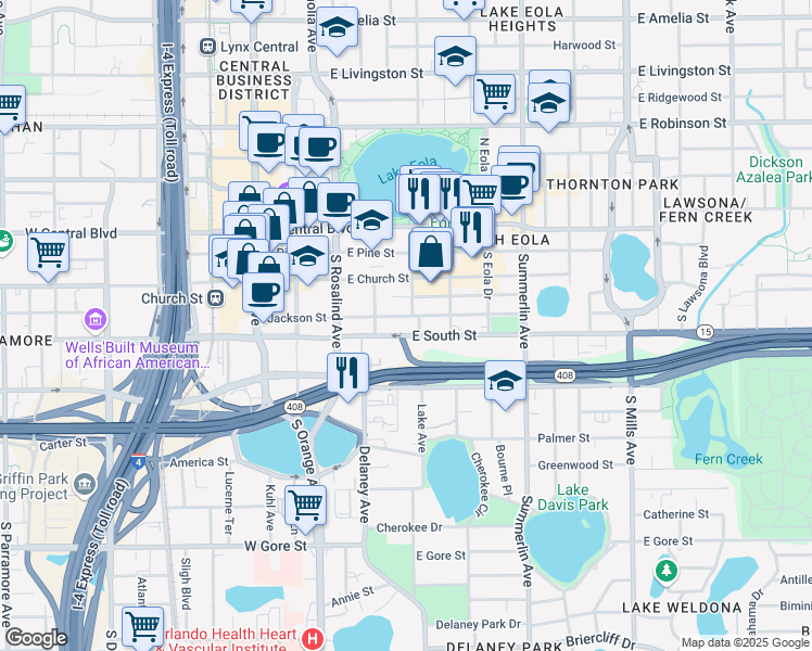 map of restaurants, bars, coffee shops, grocery stores, and more near in Orlando
