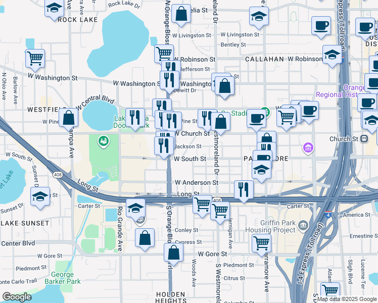 map of restaurants, bars, coffee shops, grocery stores, and more near 1218 Jackson Street in Orlando