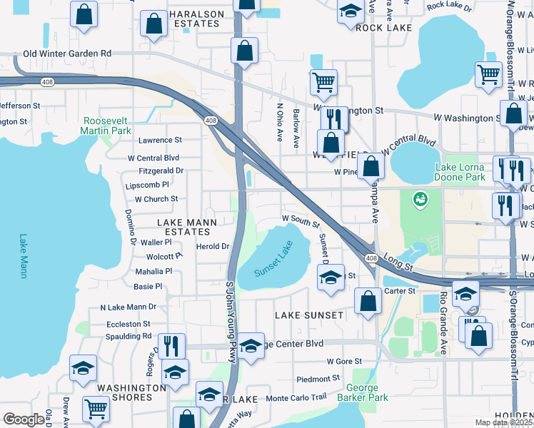 map of restaurants, bars, coffee shops, grocery stores, and more near 2324 West Jackson Street in Orlando