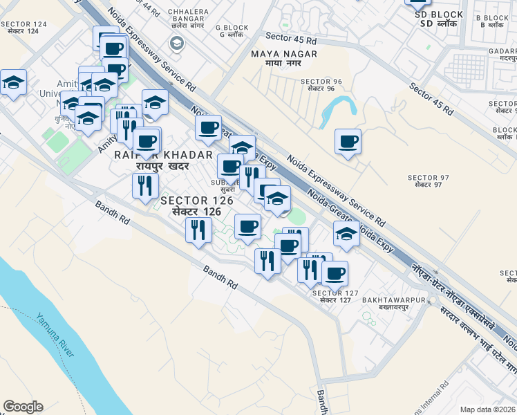 map of restaurants, bars, coffee shops, grocery stores, and more near in Noida