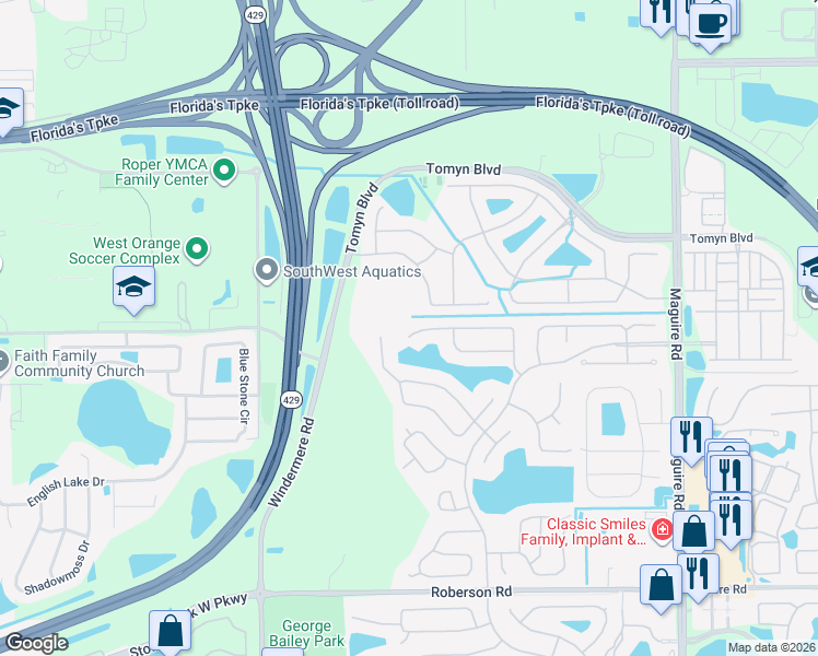 map of restaurants, bars, coffee shops, grocery stores, and more near 549 Laurenburg Lane in Ocoee