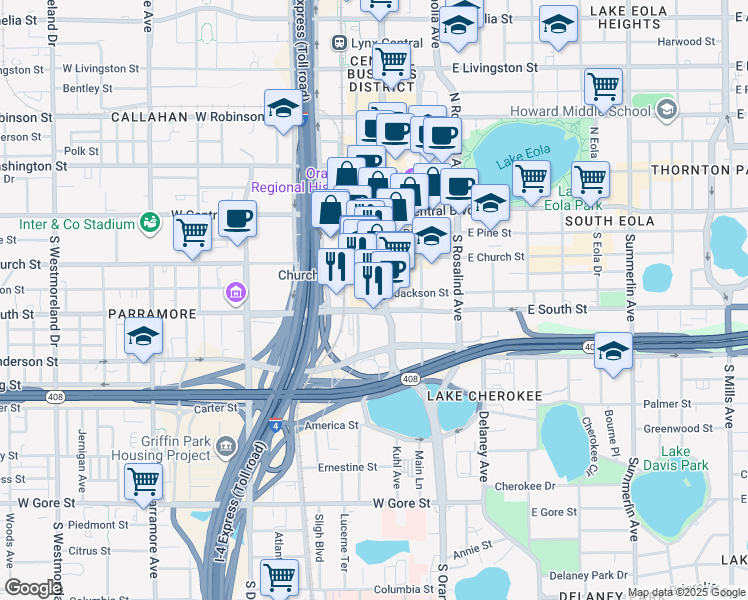 map of restaurants, bars, coffee shops, grocery stores, and more near 300 South Orange Avenue in Orlando