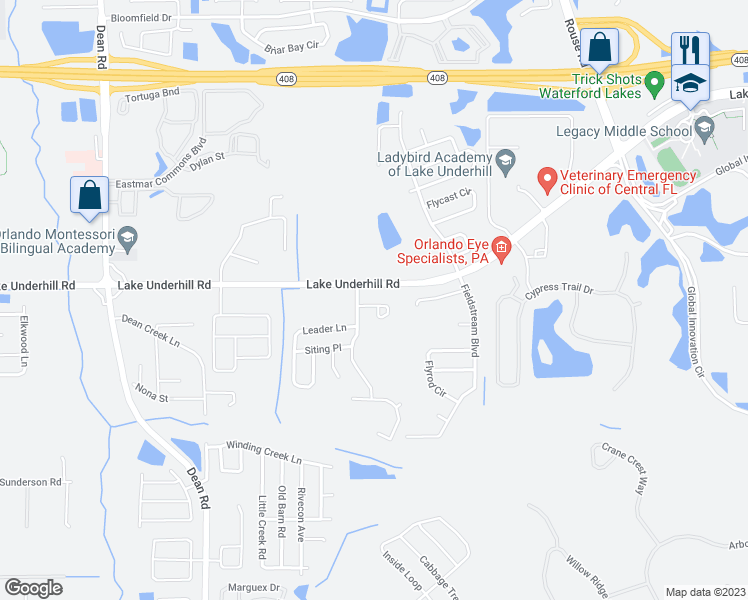 map of restaurants, bars, coffee shops, grocery stores, and more near 11221 Spinning Reel Circle in Orlando