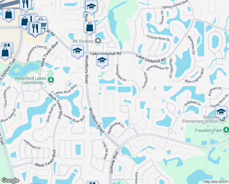 map of restaurants, bars, coffee shops, grocery stores, and more near 142 Woodbury Pines Circle in Orlando