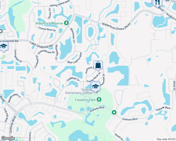 map of restaurants, bars, coffee shops, grocery stores, and more near 14102 Portrush Drive in Orlando