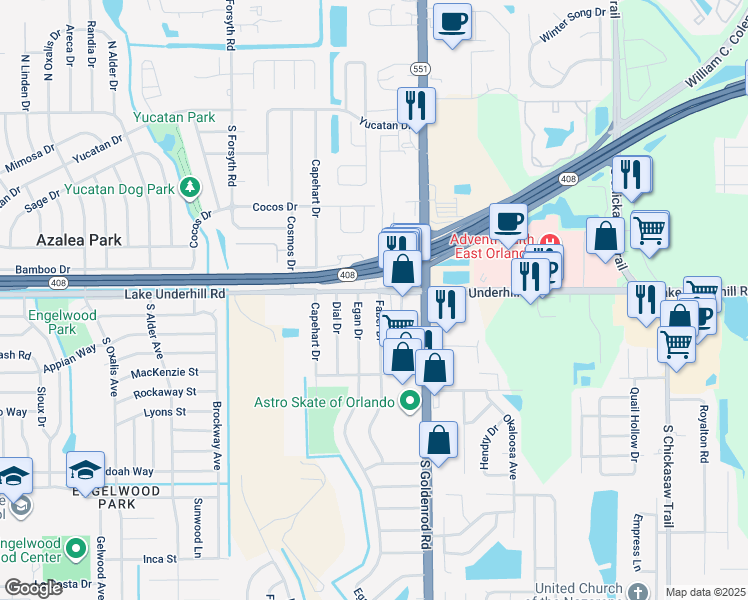 map of restaurants, bars, coffee shops, grocery stores, and more near 402 Faber Drive in Orlando