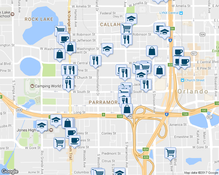 map of restaurants, bars, coffee shops, grocery stores, and more near 806 West Jackson Street in Orlando