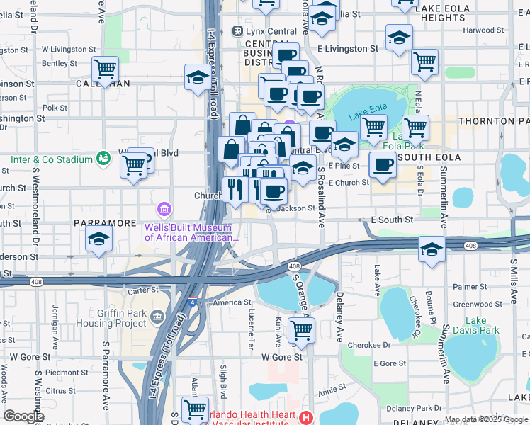 map of restaurants, bars, coffee shops, grocery stores, and more near in Orlando