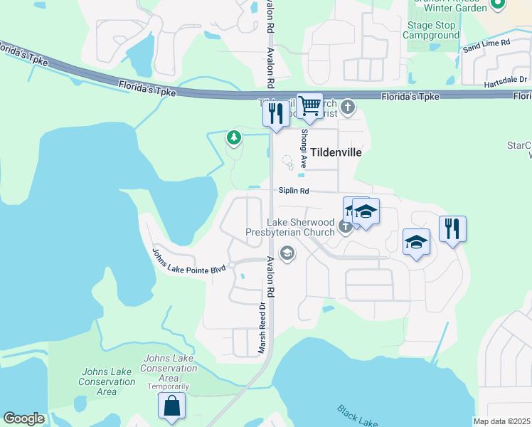 map of restaurants, bars, coffee shops, grocery stores, and more near 15320 Heron Hideaway Circle in Winter Garden