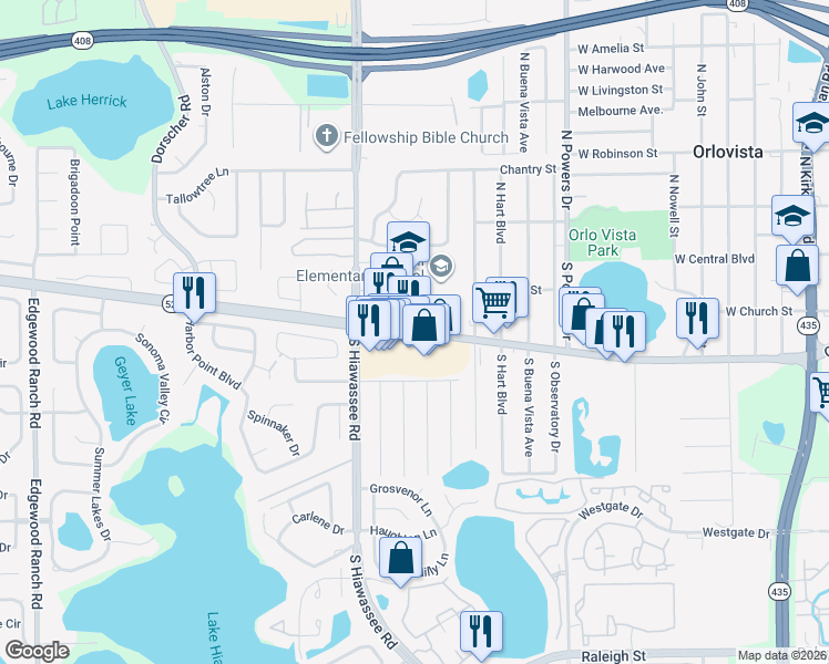 map of restaurants, bars, coffee shops, grocery stores, and more near 6640 Old Winter Garden Road in Orlando