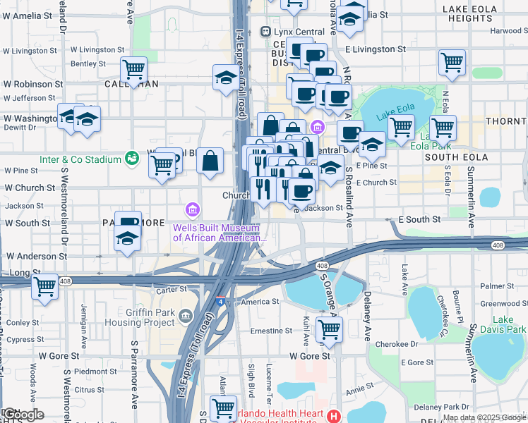 map of restaurants, bars, coffee shops, grocery stores, and more near 323 South Garland Avenue in Orlando