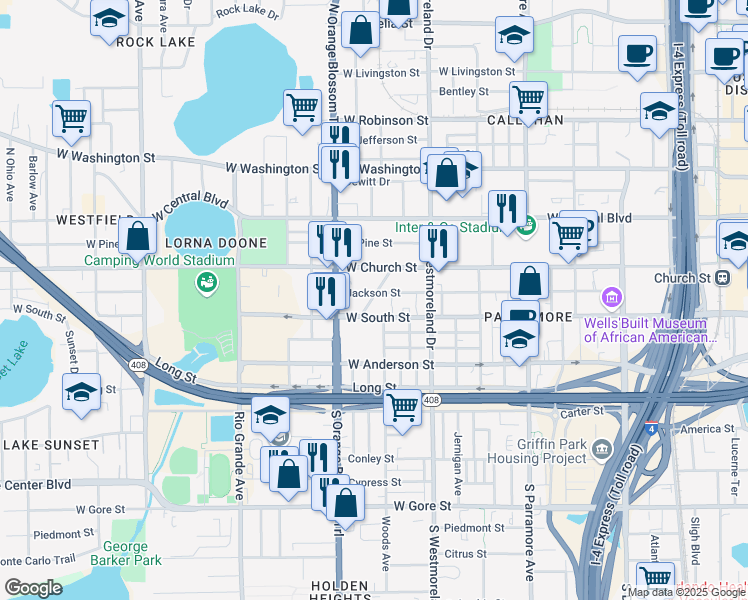 map of restaurants, bars, coffee shops, grocery stores, and more near 1218 Jackson Street in Orlando