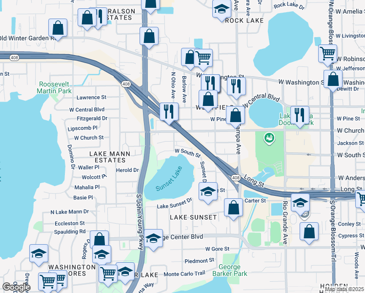 map of restaurants, bars, coffee shops, grocery stores, and more near 2237 West South Street in Orlando