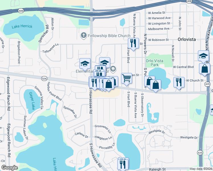 map of restaurants, bars, coffee shops, grocery stores, and more near 6640 Old Winter Garden Road in Orlando