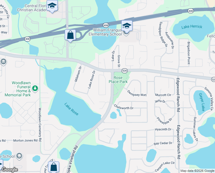 map of restaurants, bars, coffee shops, grocery stores, and more near 130 Red Rose Circle in Orlando