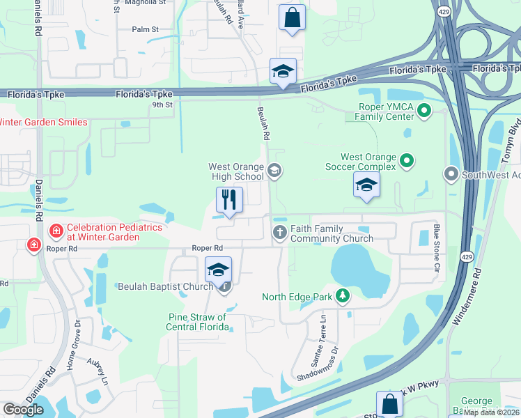 map of restaurants, bars, coffee shops, grocery stores, and more near 752 Citrus Drive in Winter Garden