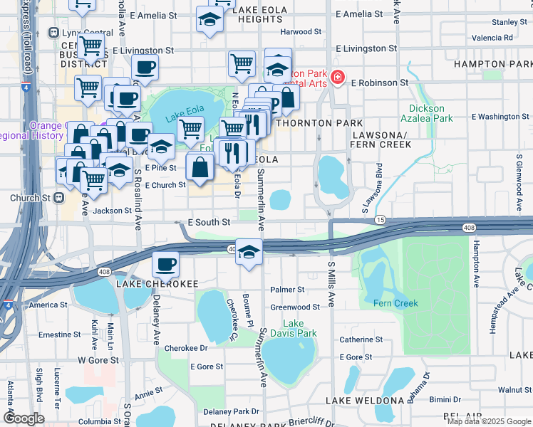map of restaurants, bars, coffee shops, grocery stores, and more near 715 East South Street in Orlando