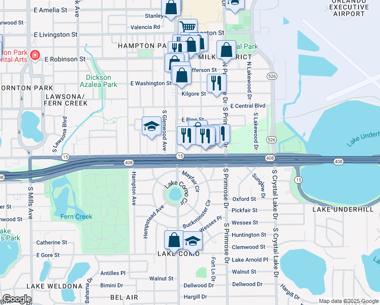 map of restaurants, bars, coffee shops, grocery stores, and more near 2413 East South Street in Orlando