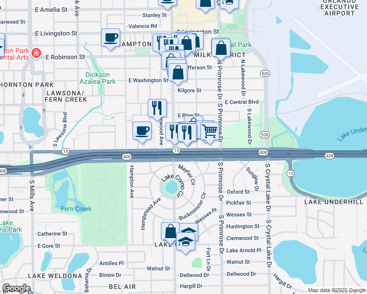 map of restaurants, bars, coffee shops, grocery stores, and more near 2413 East South Street in Orlando