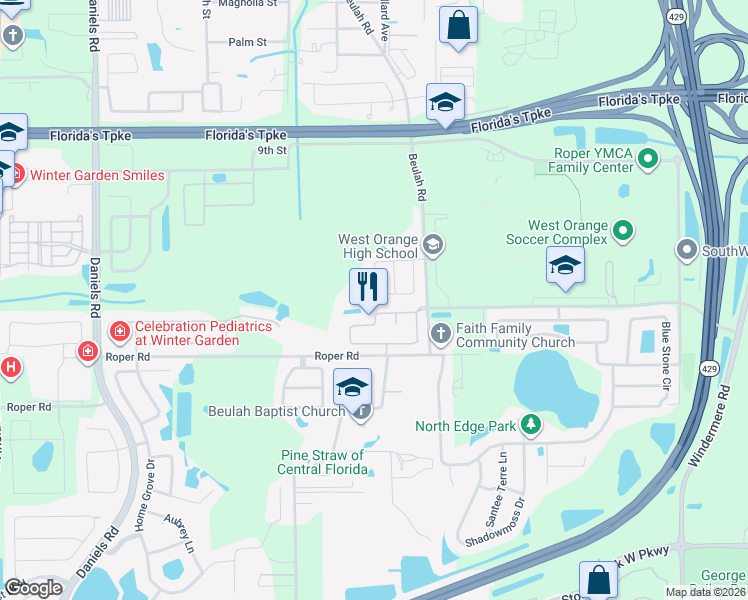 map of restaurants, bars, coffee shops, grocery stores, and more near 766 Citrus Drive in Winter Garden