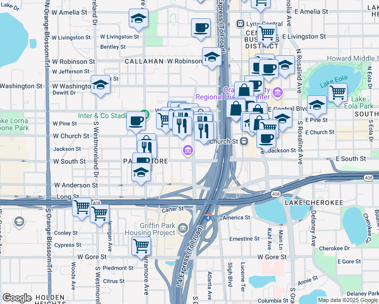 map of restaurants, bars, coffee shops, grocery stores, and more near 310 South Division Avenue in Orlando