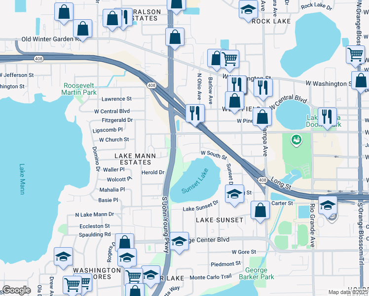 map of restaurants, bars, coffee shops, grocery stores, and more near 2324 West Jackson Street in Orlando