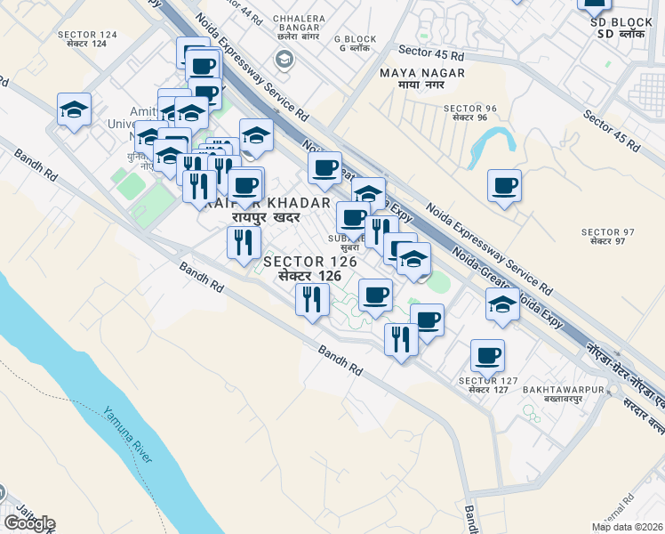 map of restaurants, bars, coffee shops, grocery stores, and more near in Noida