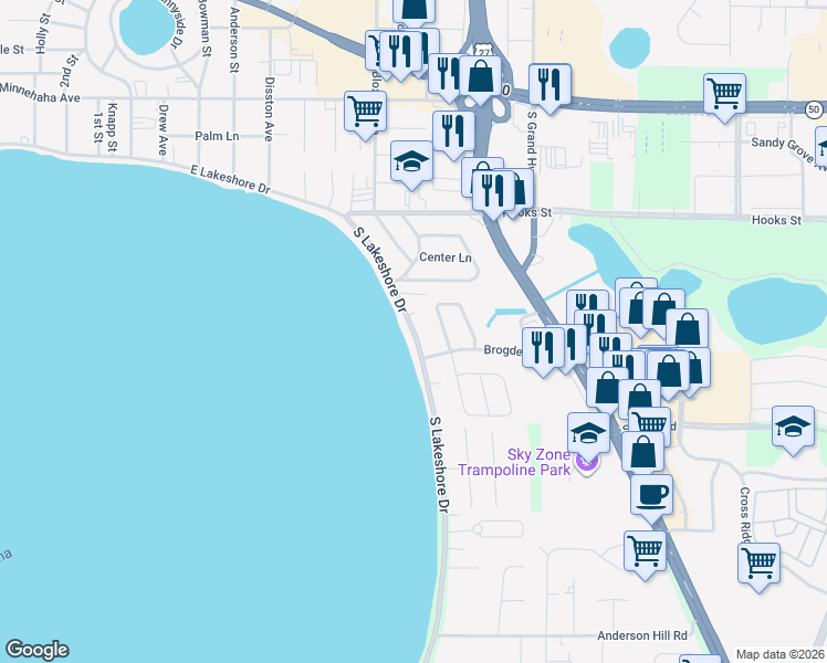map of restaurants, bars, coffee shops, grocery stores, and more near Lakeshore Drive in Clermont