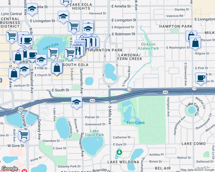 map of restaurants, bars, coffee shops, grocery stores, and more near 1108 East Jackson Street in Orlando