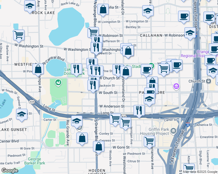 map of restaurants, bars, coffee shops, grocery stores, and more near 1218 Jackson Street in Orlando