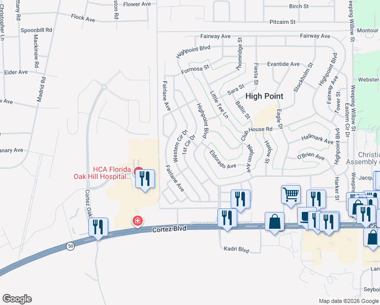 map of restaurants, bars, coffee shops, grocery stores, and more near 7477 Highpoint Boulevard in Brooksville
