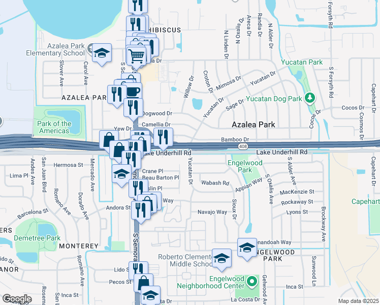 map of restaurants, bars, coffee shops, grocery stores, and more near 5866 Lake Underhill Road in Orlando