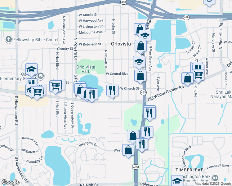 map of restaurants, bars, coffee shops, grocery stores, and more near 113 South John Street in Orlando