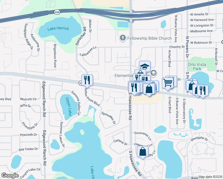 map of restaurants, bars, coffee shops, grocery stores, and more near 7213 Harbor Heights Circle in Orlando