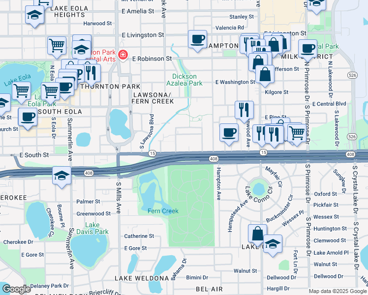 map of restaurants, bars, coffee shops, grocery stores, and more near 334 Johnson Court in Orlando