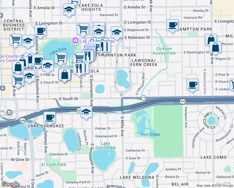 map of restaurants, bars, coffee shops, grocery stores, and more near 1108 East Jackson Street in Orlando