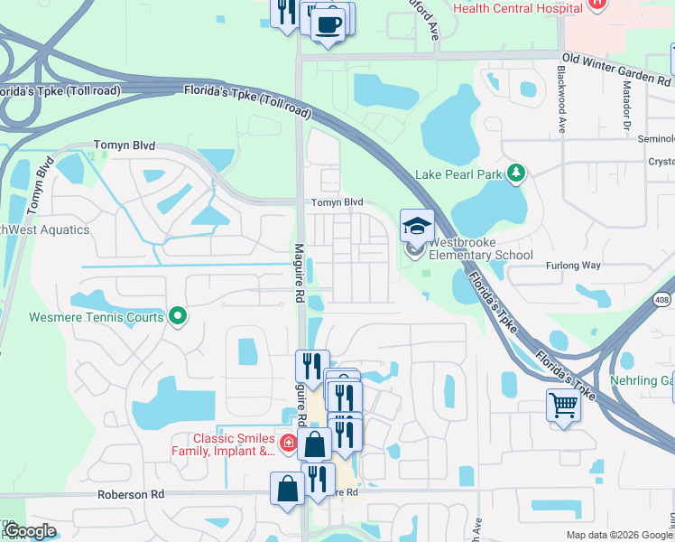 map of restaurants, bars, coffee shops, grocery stores, and more near 2091 Bent Grass Avenue in Ocoee