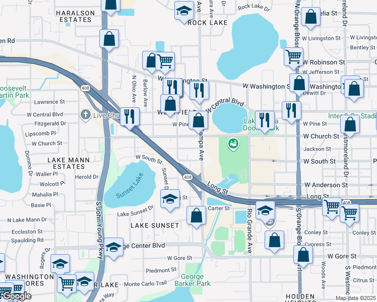 map of restaurants, bars, coffee shops, grocery stores, and more near 2026 West Jackson Street in Orlando