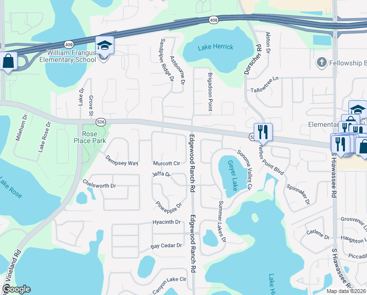 map of restaurants, bars, coffee shops, grocery stores, and more near 7780 Murcott Circle in Orlando